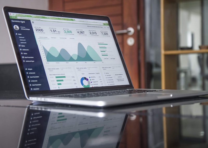 Business analytics workspace with multiple screens showing marketing metrics and campaign performance data